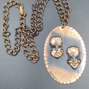 Vintage  Genuine Copper Comedy & Tragety Masks Pendant with copper necklace